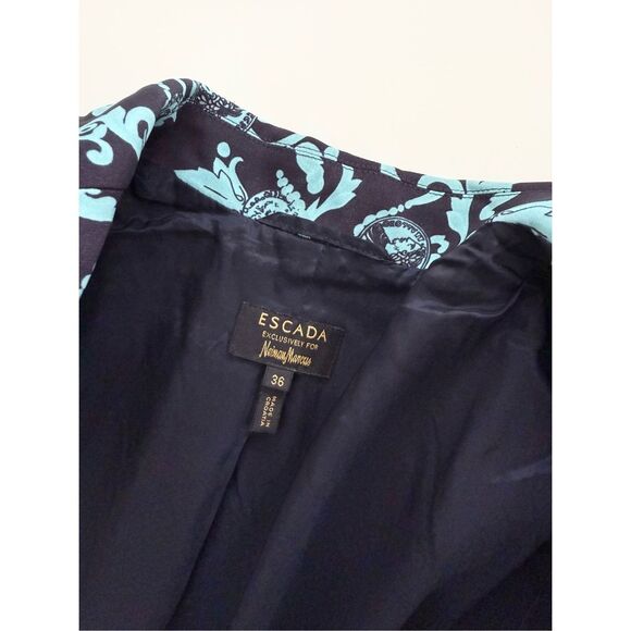 Escada Neiman Marcus‎ Coin Navy Blue Floral Silk Blend Blazer Size 36 S - Picture 7 of 8